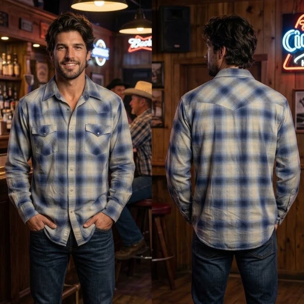 Roper Mens Large 42-44 Plaid Long Sleeve Snap Button Western Shirt Beige Blue